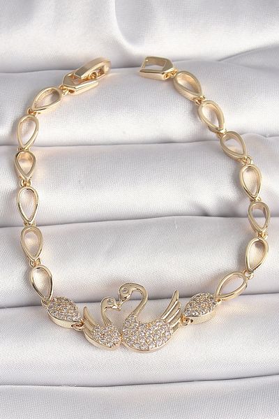Clariss Brass Gold Color Zircon Stone Swan Figure Drop Chain Model Women's Bracelet