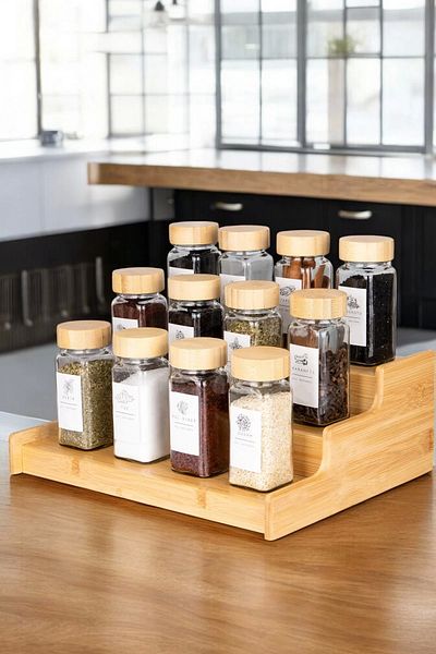 Tilbe Home Set of 12 Bamboo Lids with Stand, Labeled Glass Square Form Spice Jar Set with Sprinkler Head Spice Jar Se
