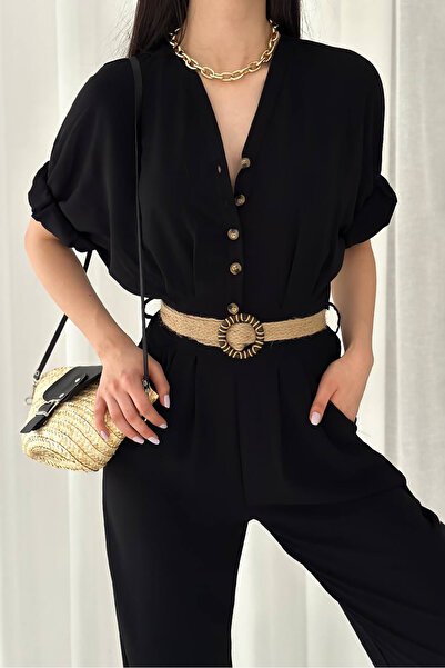 Neşeli Butik Women's Ayrobin Overalls with Buttoned Straw Belt Nbtg2000