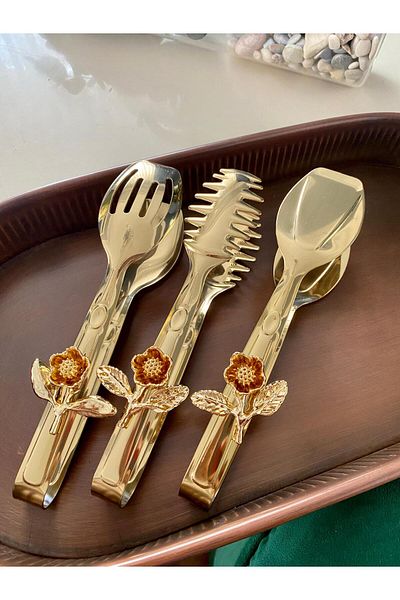 Dame Marie Gold Floral 3-Piece Tongs Set Luxury Stainless Steel