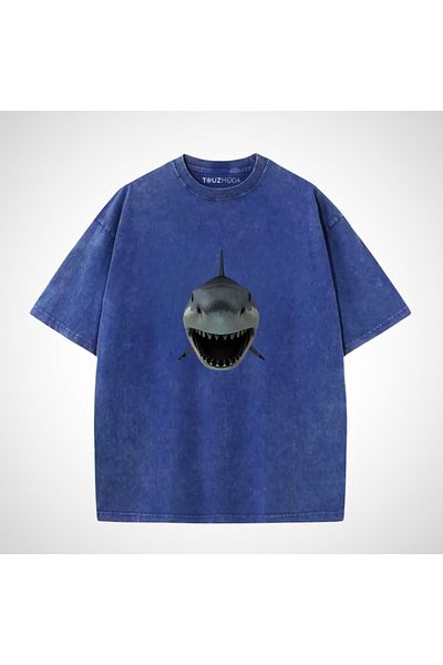 Touz Moda Tricou vintage oversize lavabil cu imprimeu rechin