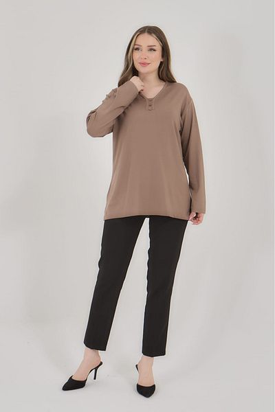 Elçelya Moda Γυναικεία μπλούζα με λαιμόκοψη V Lycra Daily Seasonal Mother χτενισμένη βαμβακερή μπλούζα