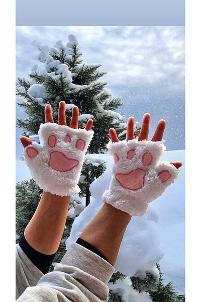 muyudi Plush White-Pink Paw Gloves