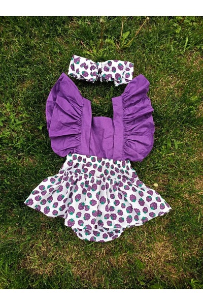 elahobi Böğürtlen Desen Bebek Salopet Tulum Ve Bandana 2'li Takım