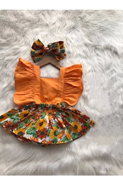 elahobi Turuncu Ayçiçek Desen Bebek Salopet Tulum Ve Bandana 2'li Takım
