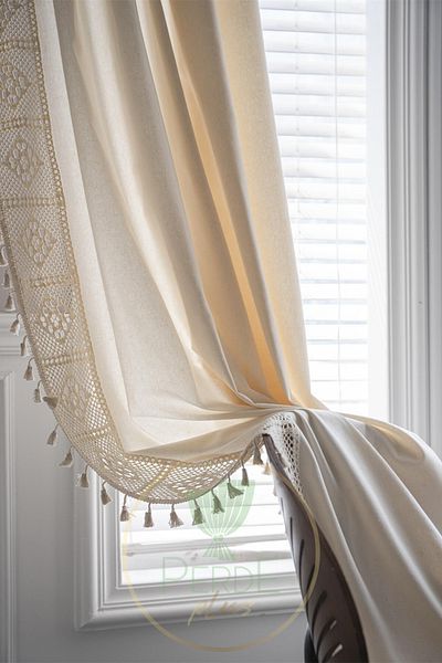 Perdeplus Linen Bohemian Style Lace and Tassel Design Background Curtain
