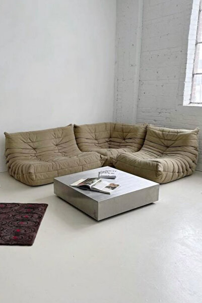 mkcarbone Kare Traverten Mermer Desenli Modern Orta Sehpa, Krem