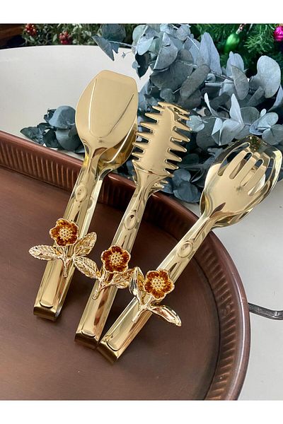 Dame Marie Gold Floral 3-Piece Tongs Set Luxury Stainless Steel