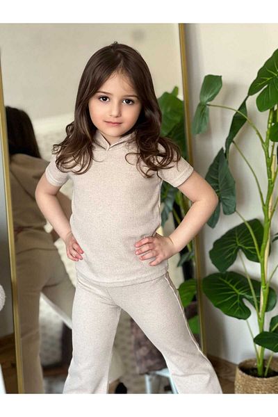 CINARIUM Girl's Waffle Fabric Hooded T-Shirt and Spanish Trousers Two-Piece Set