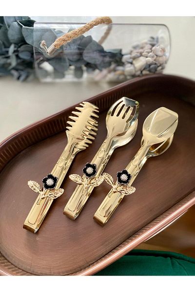 Dame Marie Gold Floral 3-Piece Tongs Set Luxury Stainless Steel