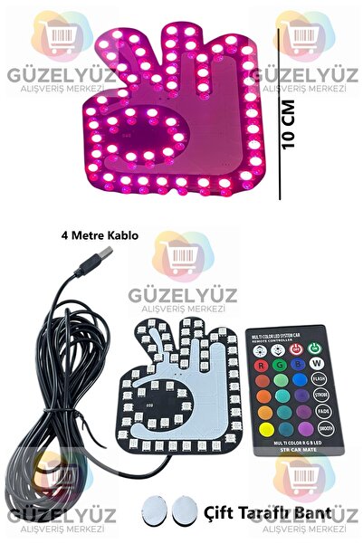 Kenko 3 Parmak Okey Işareti Led Lamba | 4 Metre Usb Kablolu Kumandalı Lamba | Araba Gösteriş lambası