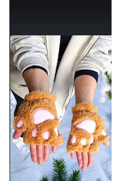muyudi Plush Brown-White Paw Gloves