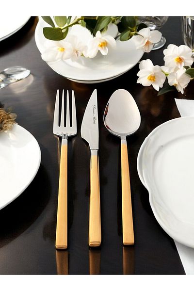 Dame Marie Elegant 42-Piece 24K Real Gold Plated Gold Cutlery Spoon Knife Set for 6
