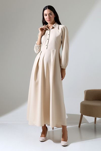 ensade Front Pleated Elastic Sleeve Belted Woven Dress