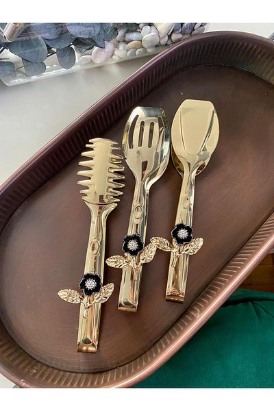 Dame Marie Gold Floral 3-Piece Tongs Set Luxury Stainless Steel
