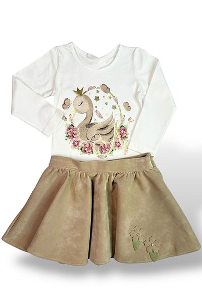 Yollo Kids Girl's Floral Denim Jacket and Swan Printed Skirt 3 Piece Set