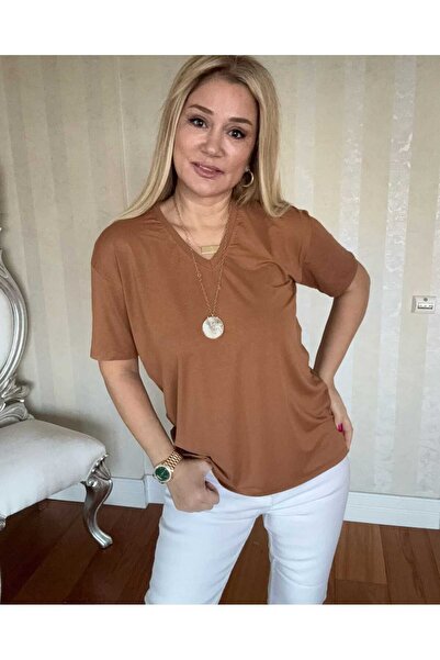 NUR TEKSTİL kadın kahve Viskon penye v yaka yanları hafif yırtmaçlı kısa kol ...