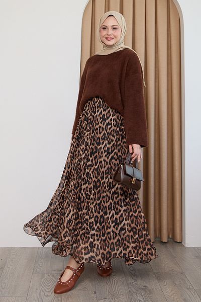 InStyle Fusta din șifon maro cu model leopard curbat