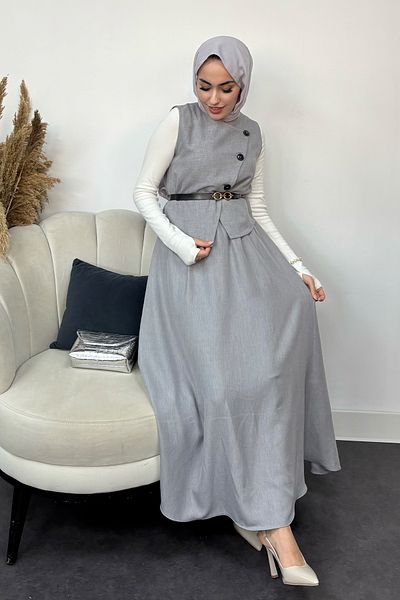 Tesettür Diyarı Gray 2 Piece Set - Sofia Linen Vest and Skirt