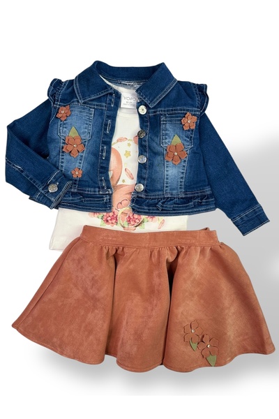 Yollo Kids Kız Çocuk Çiçekli Kot Ceketli Kuğu Baskılı Etekli 3’lü Takım