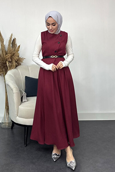 Tesettür Diyarı Set vestă și fustă din țesătură Sofia-Burgundy