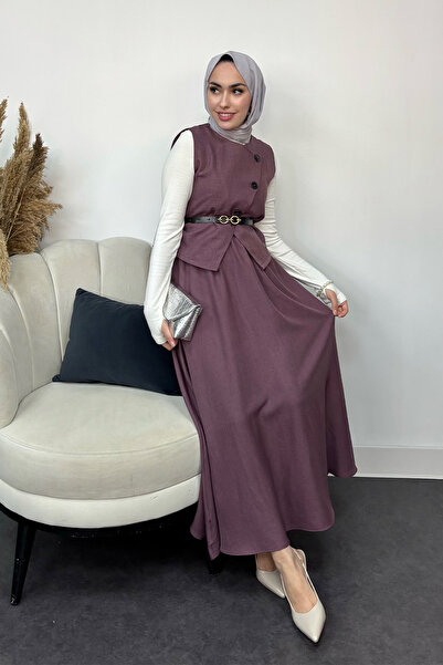 Tesettür Diyarı Sofya Keten Kumaş Yelek ve Etek 2 li Takım-Mor