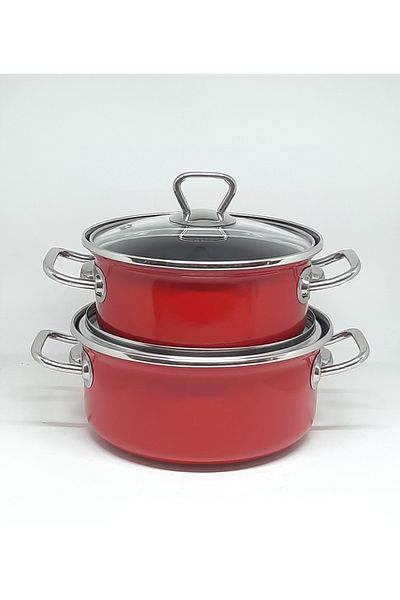 Avşar Enamel Evi̇m 18-20 cm 1250 -1750 ml Double Red Enamel Pot Set