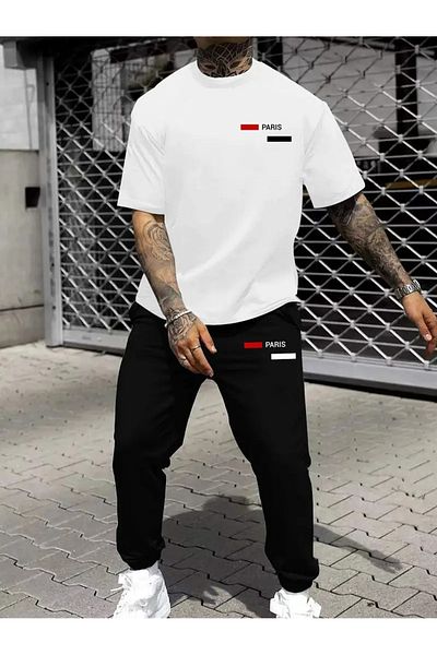 Guillermo Paris Comfortable T-Shirt Joggers Set for Men - Beige Short Sleeve Tee with Red Accents,