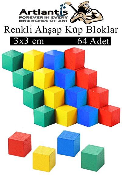 Artlantis Renkli Ahşap Küp Bloklar 3x3x3 cm 64 Adet Ahşap Renkli Kare Blok Eğ...