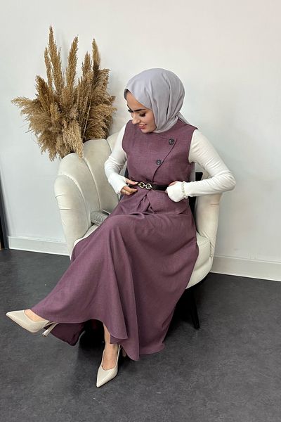 Tesettür Diyarı Purple 2 Piece Sofia Linen Vest and Skirt Set