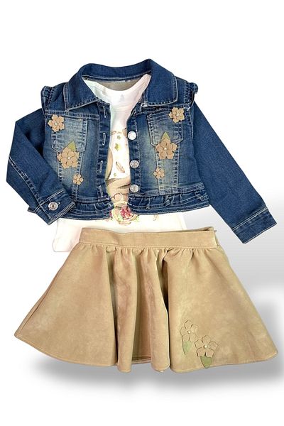 Yollo Kids Girl's Floral Denim Jacket and Swan Printed Skirt 3 Piece Set