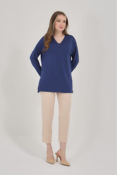 Elçelya Moda Γυναικεία μπλούζα με λαιμόκοψη V Lycra Daily Seasonal Mother χτενισμένη βαμβακερή μπλούζα