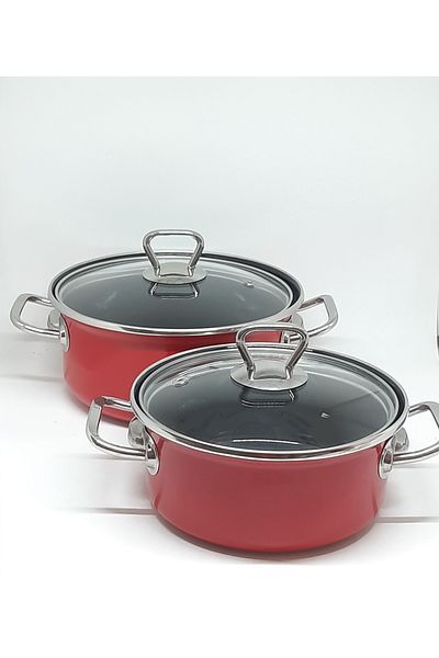 Avşar Enamel Evi̇m 18-20 cm 1250 -1750 ml Double Red Enamel Pot Set