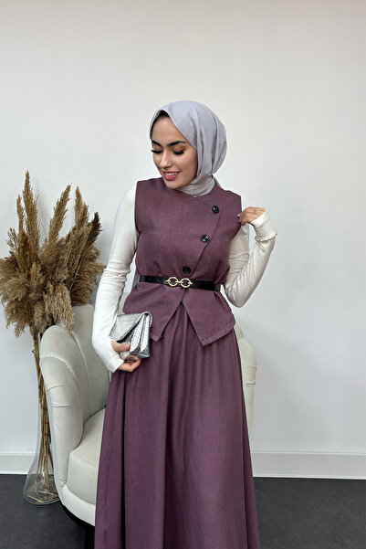 Tesettür Diyarı Sofya Keten Kumaş Yelek ve Etek 2 li Takım-Mor