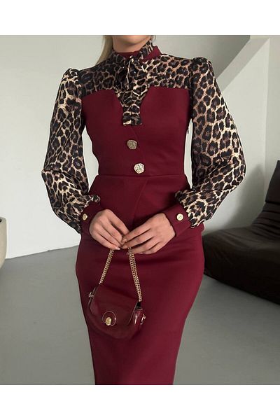 asyadabutik Rochie de damă cu detaliu leopard, căptușită cu nasturi aurii
