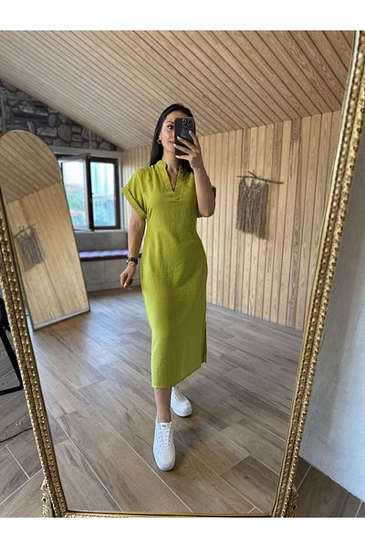 caddstore Φόρεμα Vz V-Neck Belted Fluff Λινό Φιστίκι