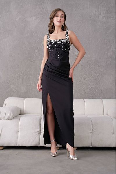 Neşeli Butik Women Stone Detailed Strap Long Evening Dress Nbs9367
