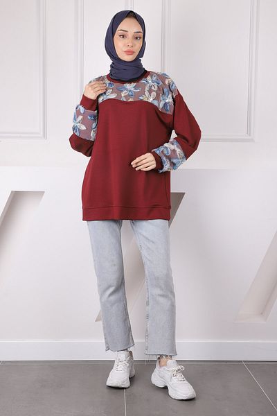 İmajButik Sweat modal cu garnitură florală din tul burgundy
