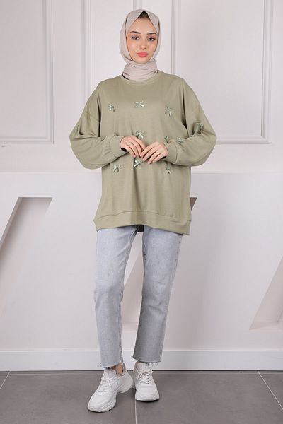 İmajButik Χακί Κορδέλα Λεπτομερής Modal Sweat