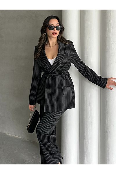MD trend Women's Striped Blazer Jacket and Palazzo Pants Double Lace up Set
