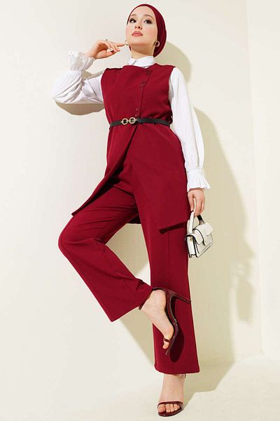 VOLT CLOTHİNG Damen Cross Mini geknöpfte Weste mit Gürtel Doppeltes Set