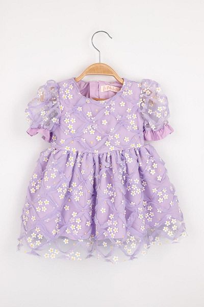 Le Mabelle Lilac Short Sleeve Daisy Tulle Girls' Dress - Hillary