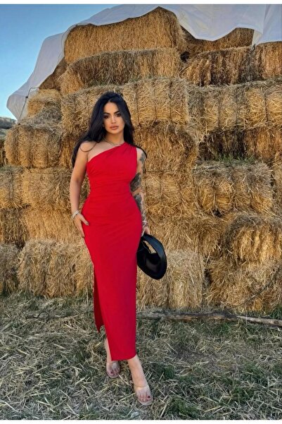 sozan İsabella Tek Omuz Detaylı Drapelli Sendy Yırtmaçlı Elbise