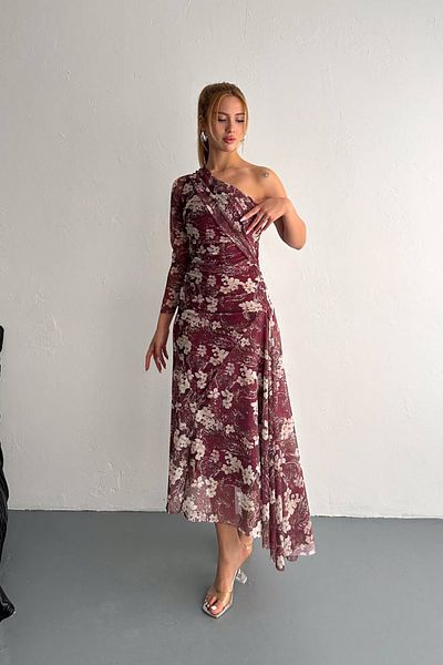 Neşeli Butik rochie asimetrică din tul cu imprimeu pentru femei NBK4161