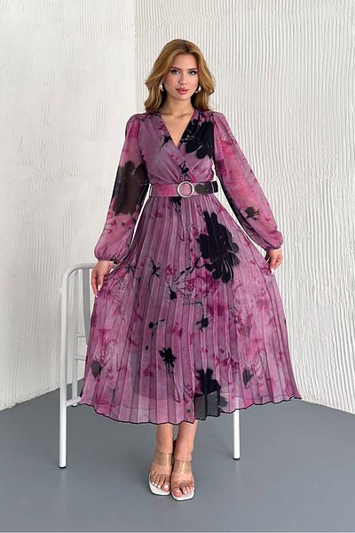 Neşeli Butik γυναικείο φόρεμα σιφόν με διπλό στήθος με λαιμόκοψη με ζώνη NBK20302