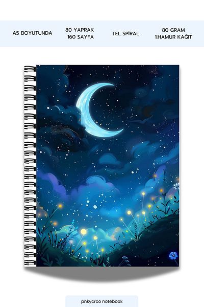 pnkycrco Blocnotes A5 cu spirală Caiet școlar fără linii 80 de coli 160 de pagini Night Moon