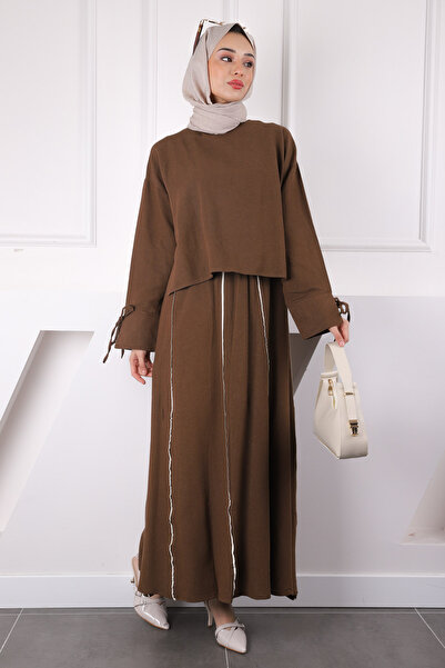 İmajButik Καφέ Λινό Σετ με Μπλούζα και Φούστα