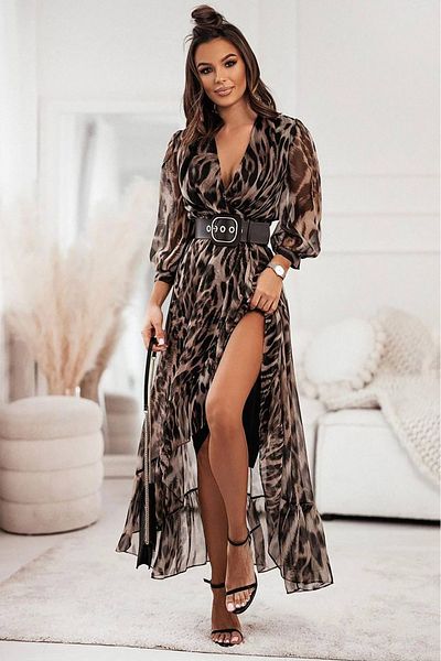 Neşeli Butik rochie lungă cu curea de damă cu imprimeu leopard NBEMP2152