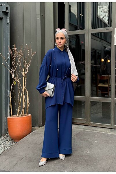 JaMolls Rhinestone Binding Detail Glitter Hijab Long Tunic Shirt, Palazzo Pan...