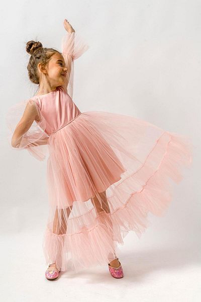 Le Mabelle Long Girl's Dress with Powder Sleeves and Tulle Detail and Rhinestones - Calla